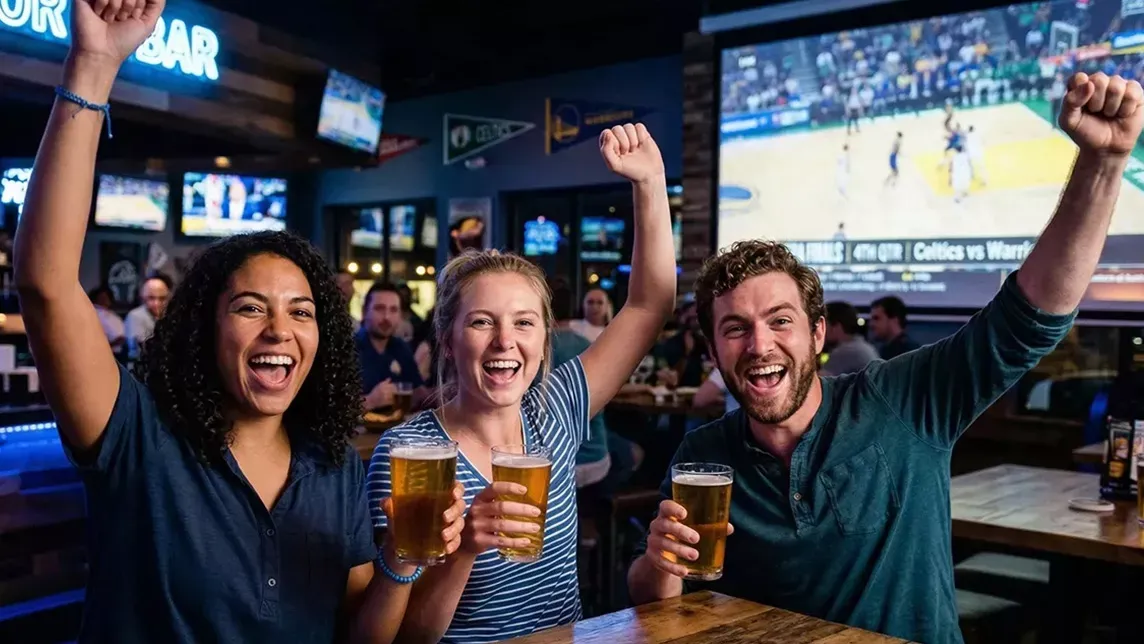 Happy friends cheer while drinking at sports bar